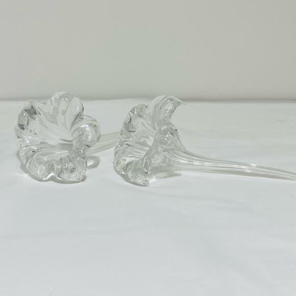 Clear Art Glass Flower Two Handmade Blown Large Textured Shapely Floral Stems - Picture 6 of 10